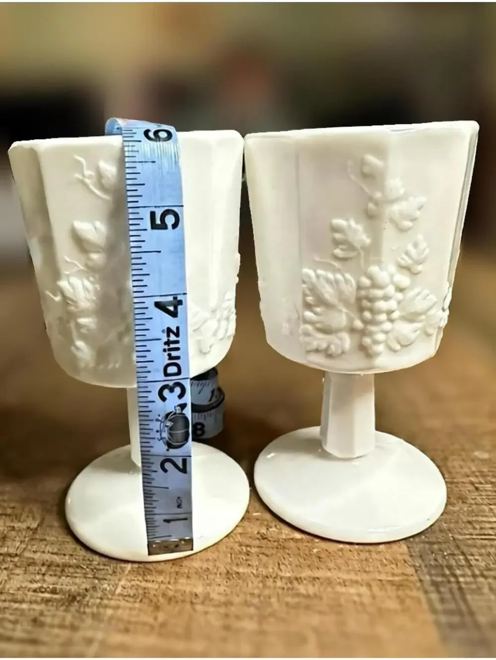 Set of 2 Vintage White Milk Glass Goblets with Grape Vine Relief